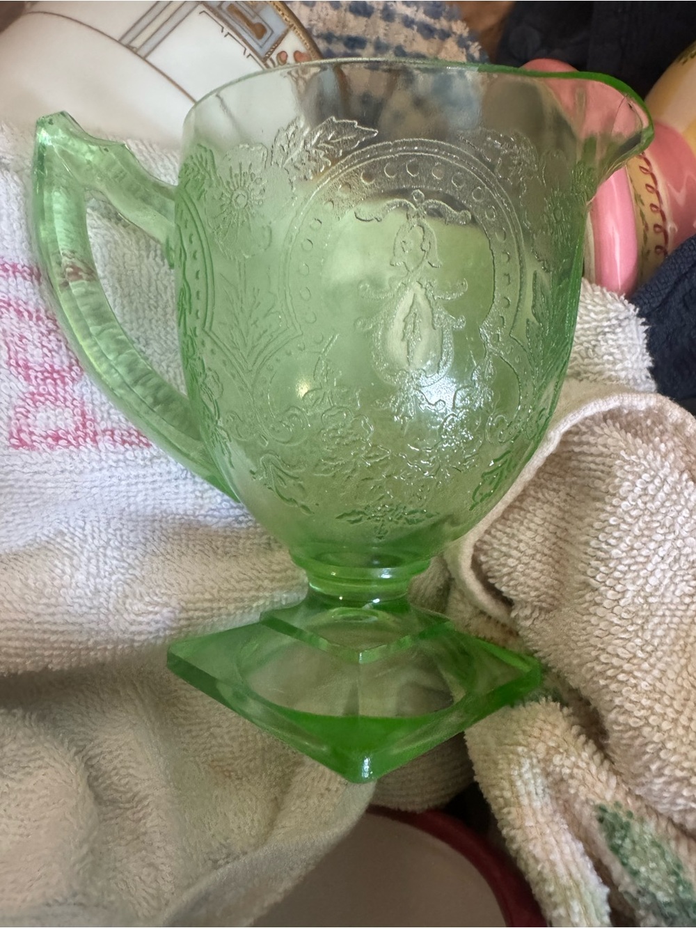 Green Pressed Glass Creamer Pitcher